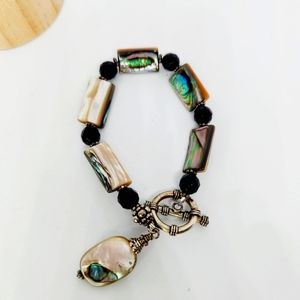 Abalone Shell Gemstone 925 Sterling Silver Handmade Link Toggle Bracelet 7.5"